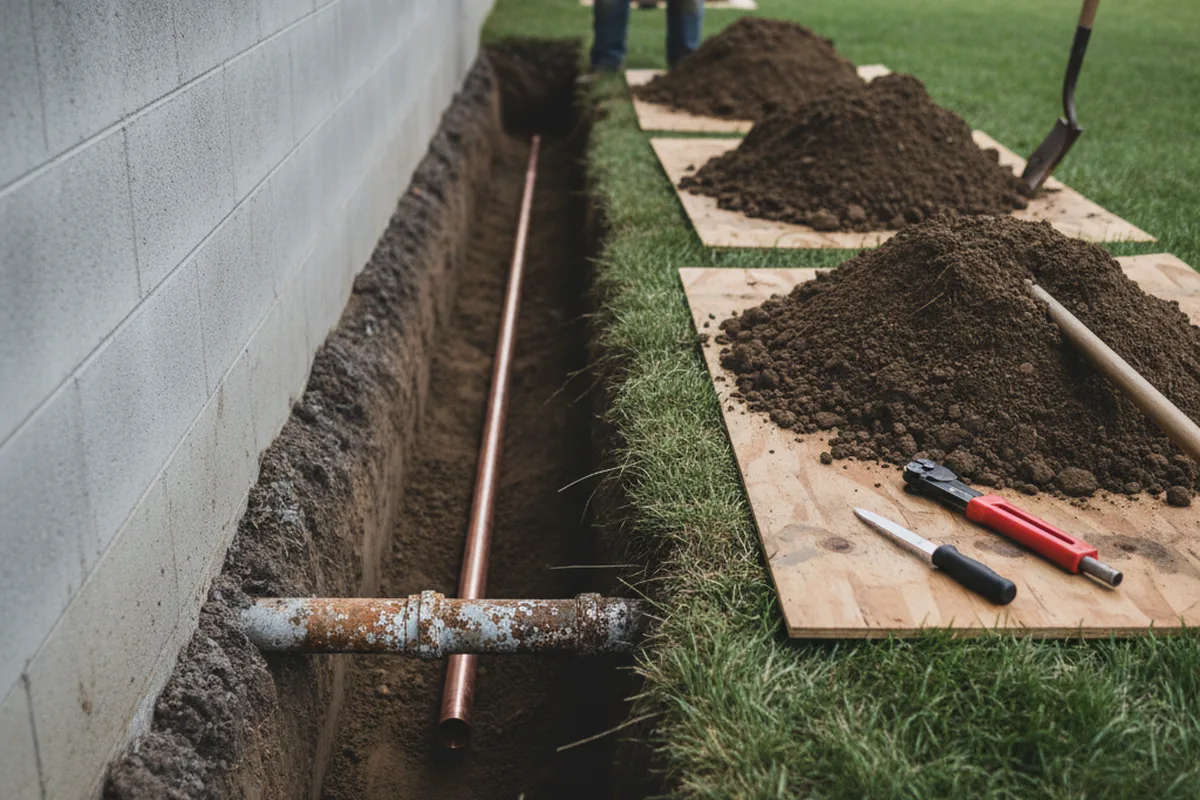 Excavated water line trench during Water Softener Installation in Richeyville